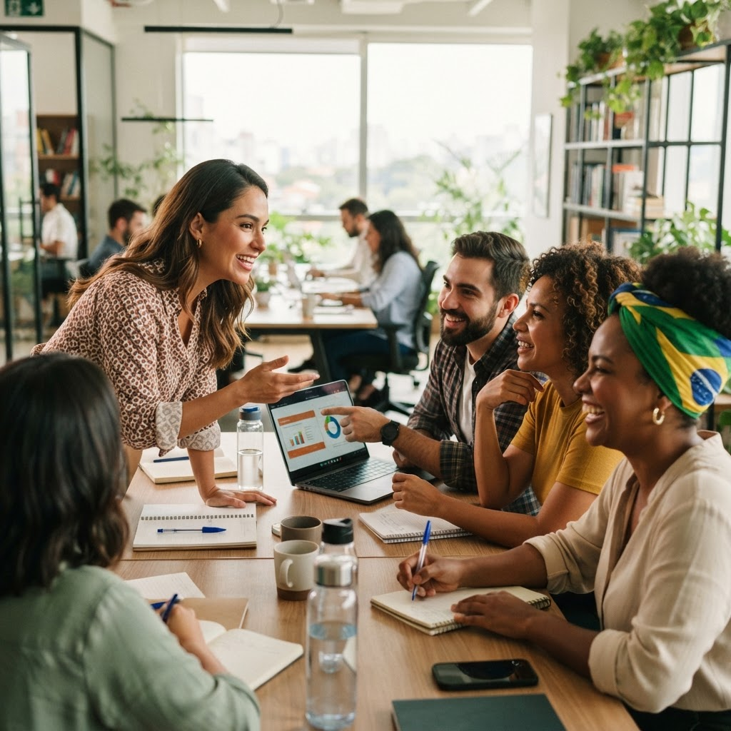 A diverse group of professionals interacting and collaborating in a bright, welcoming office, one wearing a Brazilian headscarf