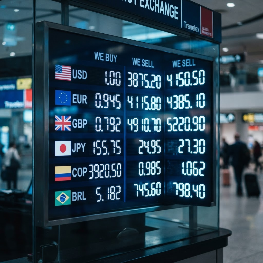 A digital currency exchange rate board listing US dollars, euros, pounds, yen, Colombian pesos, and Brazilian reais with live buying rates