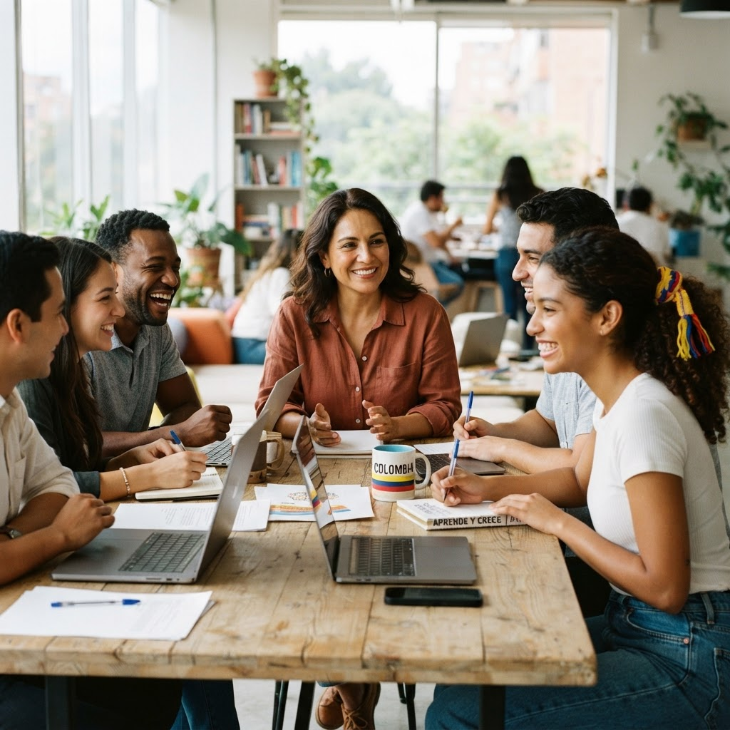 A diverse group of Latino professionals collaborating in a bright, welcoming learning space