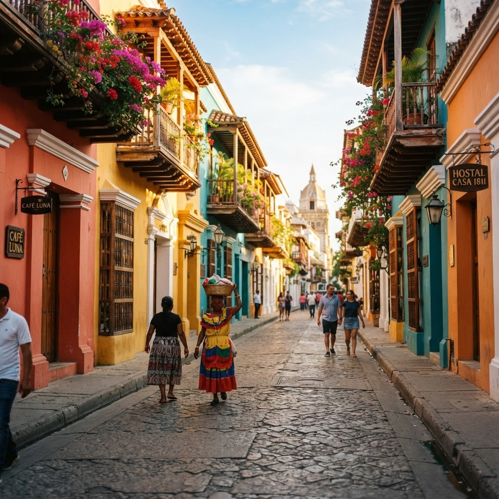 A vibrant, colourful colonial street in Cartagena, Colombia