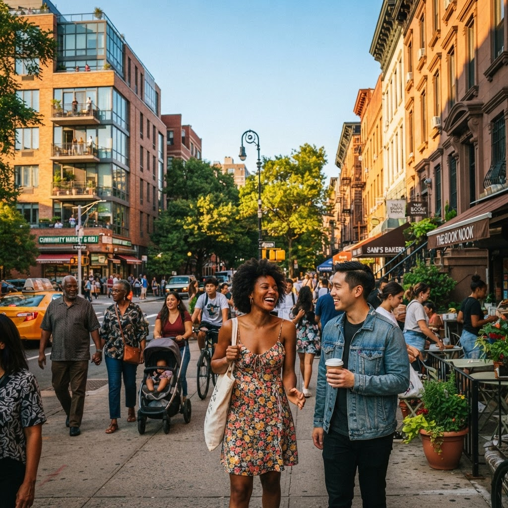 A vibrant, diverse American city neighbourhood in warm afternoon light